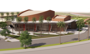 Image of the exterior theater of Estancia High School. 