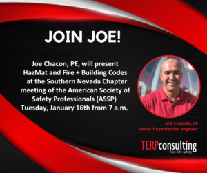 An image of Joe Chacon, PE and some text announcing his presentation on HazMat Fire+Building Codes for the Southern Nevada Chapter of ASSP.