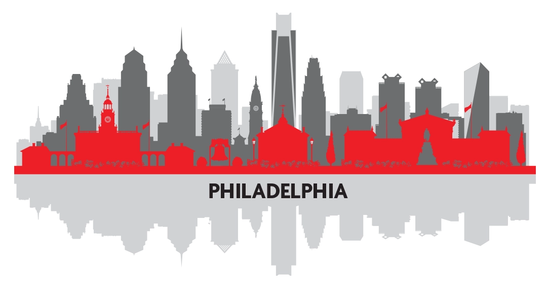 Skyline of Philadelphia depicted in light gray, dark gray and red.