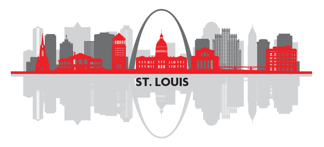 Skyline of St Louis depicted in light gray, dark gray and red.
