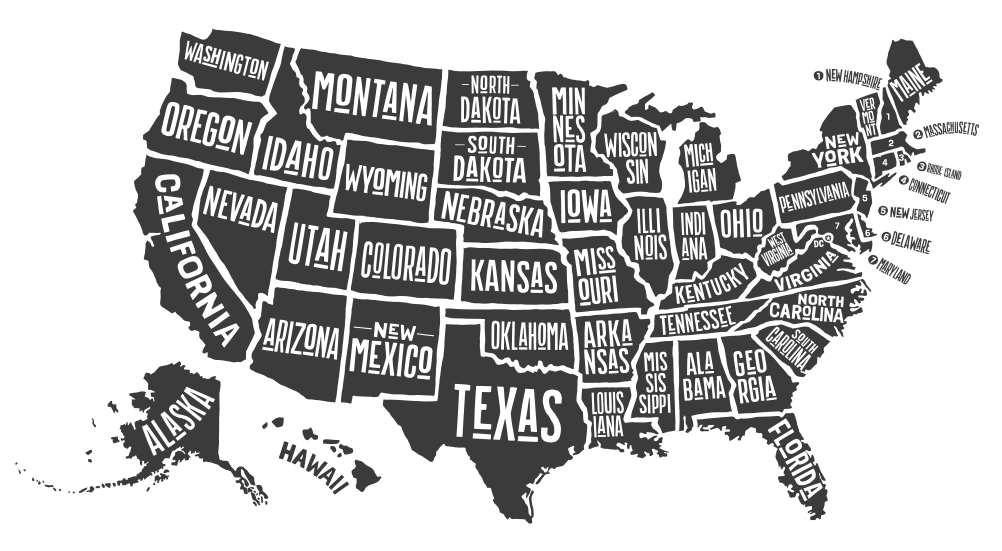 US Map black and white with each state labeled. Red stars show where TERPconsulting has offices.