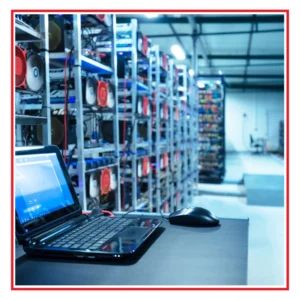 Image of a data center with a laptop computer.