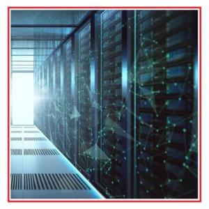 Image of a data center, showing lots of computer hard drives. 