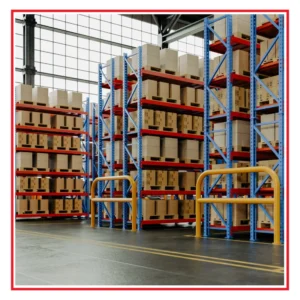 Image of a warehouse with boxes, piled high on many racks. 