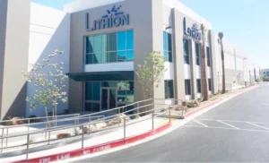 Image of Lithion Battery warehouse. A warehouse with two story offices up front with a warehouse behind it.