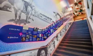 A staircase with a timeline of West Las Vegas. The timeline shows what was happening in West Las Vegas as well as what was happening in history. Timeline is on the stairs leading to the second story.